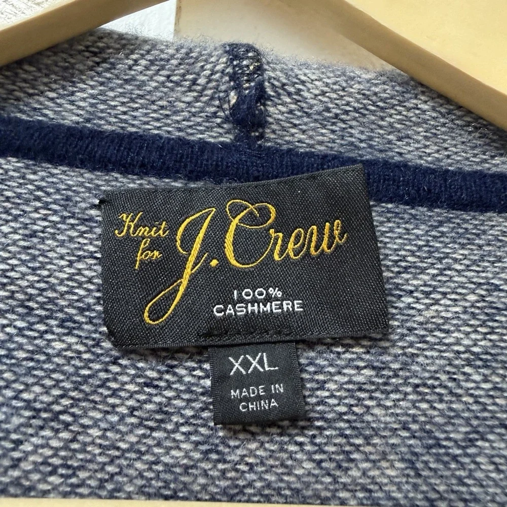 J Crew Mens Tipped Cashmere Hoodie Sweater Size XXL Navy Blue Birds-Eye Luxury